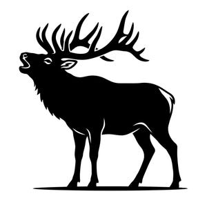 May include: A black silhouette of a bull elk with large antlers, standing on a horizontal line. The elk is depicted with its mouth open, as if bugling. The image is a simple, bold design, suitable for various applications.