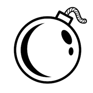 Puede incluir: Ilustración de dibujos animados en blanco y negro de una bomba. La bomba es redonda con un grueso contorno negro, un acento negro curvo y dos círculos negros. Una mecha de cuerda retorcida se extiende desde la parte superior.