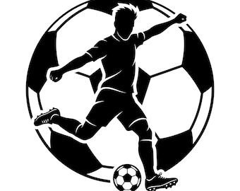 Giocatore di calcio e pallone da calcio SVG, disegni di calcio, silhouette di calcio, clipart di calcio, file di taglio di calcio, download immediato, uso commerciale