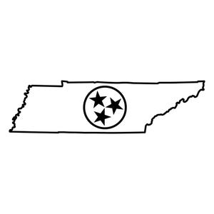 May include: A black and white outline of the state of Tennessee. The state's shape is filled with a white background. A circle containing three black stars is centered on the state's outline.