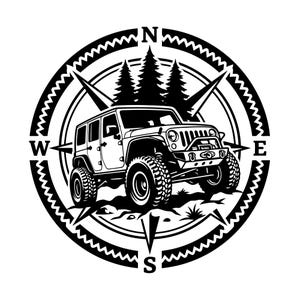May include: Black and white graphic of a Jeep SUV inside a compass rose. The compass points to North, South, East, and West. The Jeep has large tires and is positioned on a rocky surface with pine trees in the background.
