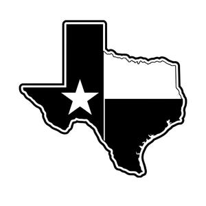 May include: A black and white graphic of the state of Texas. The design is split vertically, with the left side black and featuring a white star, and the right side split horizontally, with white on top and black on the bottom.