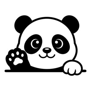 May include: A black and white cartoon panda bear waving with its paw. The panda has black ears, eye patches, and a paw, with a white face and body. The panda is smiling.