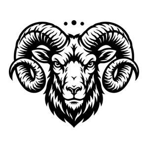 May include: A detailed black and white illustration of a ram's head. The ram has large, curved horns, a thick beard, and a stern expression. Three small dots are above the ram's head. The image is a bold, graphic design.