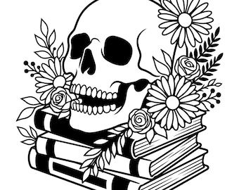 Libro con teschio e fiori in formato SVG, clipart floreale con teschio, file di taglio per Cricut e Silhouette, file vettoriale con teschio, download digitale