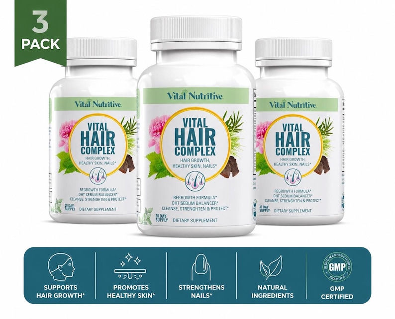 May include: Three bottles of Vital Hair Complex dietary supplement. Each white bottle has a green label with the product name, floral and leaf graphics, and the text "Regrowth Formula". The bottom banner states "Supports Hair Growth".