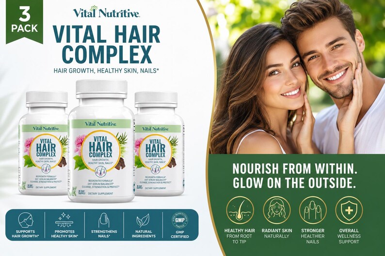 May include: Three white bottles of Vital Hair Complex supplements are displayed, with the text "Vital Hair Complex" and "Hair Growth, Healthy Skin, Nails." The image also features a couple and icons promoting hair, skin, and nail health.