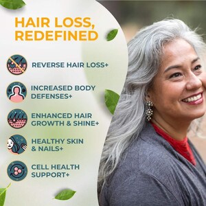 May include: Image features a smiling woman with gray hair, alongside text that reads "HAIR LOSS, REDEFINED." The image highlights benefits like reversing hair loss, increased body defenses, enhanced hair growth, healthy skin & nails, and cell health support.