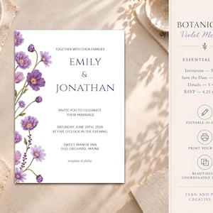 Könnte beinhalten: Eine Hochzeitseinladungskarte mit violetten Blumenillustrationen auf der linken Seite und dem Text Emily & Jonathan, invite you to celebrate their marriage, Saturday, June 24th, 2028, at five o'clock, Sweet Manor Inn, Old Orchard, Maine.