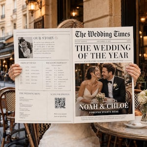 Peut inclure: Un journal de mariage personnalisé intitulé The Wedding Times, avec une photo de couple, un programme, un menu et un QR code. La une affiche le titre The Wedding of the Year, Noah & Chloe, et Forever Starts Here en texte imprimé.