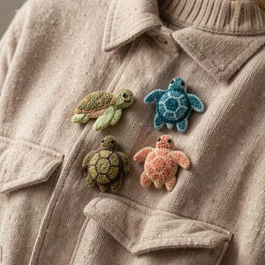 May include: Four handmade turtle brooches in green, blue, and coral are pinned to a beige jacket. The turtles are crocheted with detailed shell patterns and small, smiling faces. The jacket has two front pockets and a collared neckline.