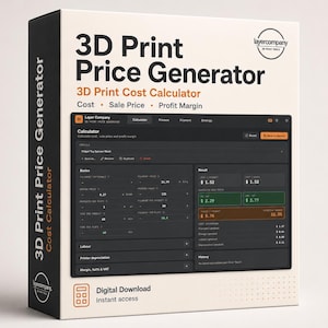 Op de afbeelding: Een productdoos voor een 3D Print Price Generator. De doos is wit met zwarte tekst en een zwart zijpaneel. De software-interface wordt weergegeven en toont kostenberekeningsgegevens. De tekst bevat "Digitale download" en "Directe toegang".