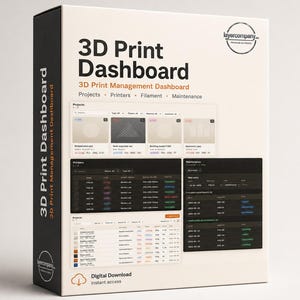 Op de afbeelding: Een productdoos voor "3D Print Dashboard" met de tekst "3D Print Management Dashboard". De doos is wit met zwarte accenten en toont screenshots van de software-interface. Het logo van "layercompany" staat in de rechterbovenhoek. De woorden "Digitale download" en "Directe toegang" zijn ook zichtbaar.