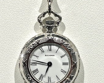 Vintage Bucherer Mechanical Pendant Watch Necklace, Silver-Tone, Roman Dial, Original Box