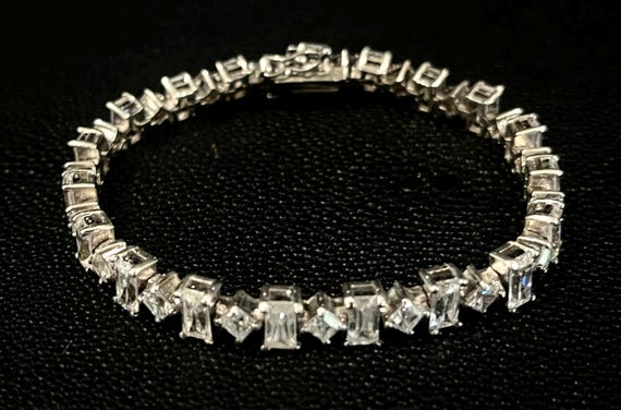 Vintage Sterling Silver Tennis Bracelet, Alternating Emerald & Princess Cut CZ, Art Deco Style