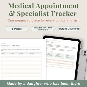 Può includere: Un modello digitale per il monitoraggio di appuntamenti medici e specialisti con una pagina di elenco e una pagina iniziale su uno schermo di tablet. Il testo include Medical Appointment & Specialist Tracker, 5 Pages, Fillable PDF and Printable.