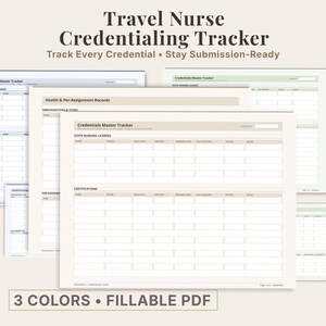 May include: A stack of printable credentialing trackers for travel nurses. The forms are in three colors and are fillable PDFs. The text on the forms includes "Travel Nurse Credentialing Tracker" and "Track Every Credential • Stay Submission-Ready."