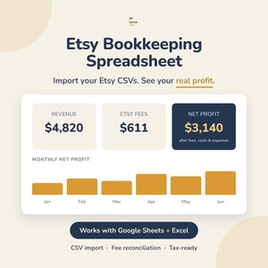 May include: An Etsy bookkeeping spreadsheet digital tool featuring a dashboard with revenue, Etsy fees, and net profit data. It includes a monthly net profit bar chart from January to June and indicates compatibility with Google Sheets and Excel.