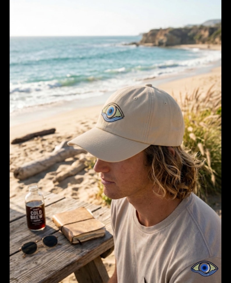 May include: Tan baseball cap with an embroidered eye design. The cap is worn by a person on a beach. The image also shows a bottle of cold brew coffee, a journal, and sunglasses on a wooden table near the ocean.