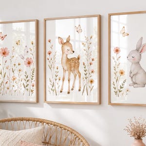 Láminas decorativas infantiles con temática de bosque, ciervo, conejito y flores en acuarela, decoración bohemia (descarga digital)
