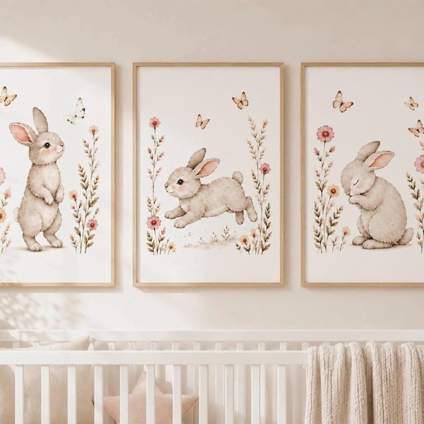 Láminas infantiles de conejitos en acuarela, arte para la habitación del bebé con temática de bosque (A4, A3)