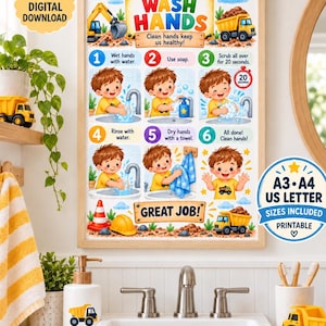 Handen wassen poster voor kinderen in de bouw, printbare badkamerroutine voor peuters