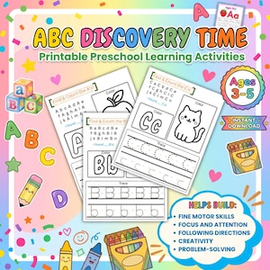 Può includere: Un set di fogli di attività didattiche stampabili per la scuola dell'infanzia intitolato ABC Discovery Time. Le pagine presentano esercizi di tracciamento delle lettere, colorazione e conteggio con illustrazioni di mela, gatto, blocchi.