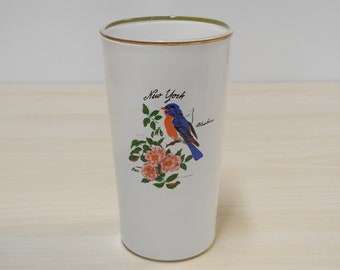 VTG New York Souvenir Glass ~ White Satin w/ Bluebird State Bird & Pink Rose, 5" Tumbler, Drinkware Barware / Mid Century Retro Kitchen