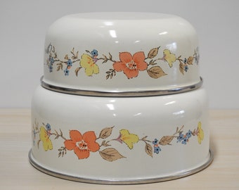 VTG Enamelware Nesting Bowls ~ Saltera 1980s, Enamel Coated Mixing Serving Bowls, Floral Mist Patten Flowers / Mid Century Retro Kitchen