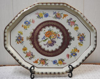 VTG Daher Serving Tray ~ English Country Floral Pattern, Large Metal Platter, Creme & Bronze Brown Mixed Flowers / Country Cottage Kitchen