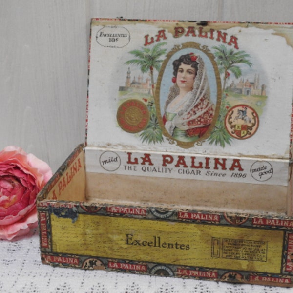 ANTIQUE Cigar Box ~ Early 1900's La Palina Excellentes 10 cents by Congress Cigar Co. Collectible Storage Box Tobacco Tobacciana