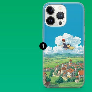 May include: A blue phone case featuring a cartoon illustration of a girl flying on a broom over a village. The case has a glossy finish and a protective design. The background shows a blue sky and green fields.