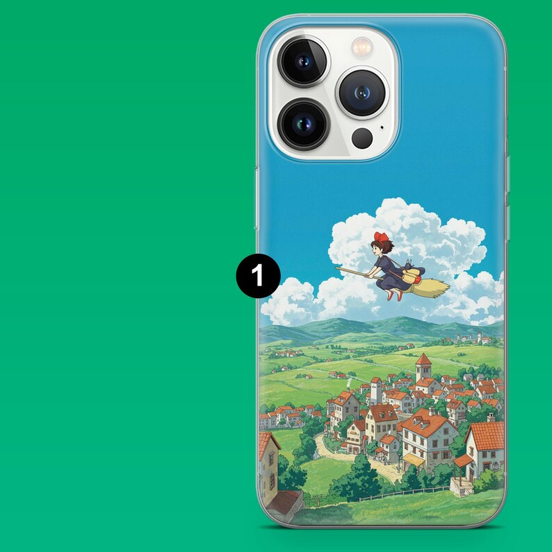 May include: A blue phone case featuring a cartoon illustration of a girl flying on a broom over a village. The case has a glossy finish and a protective design. The background shows a blue sky and green fields.