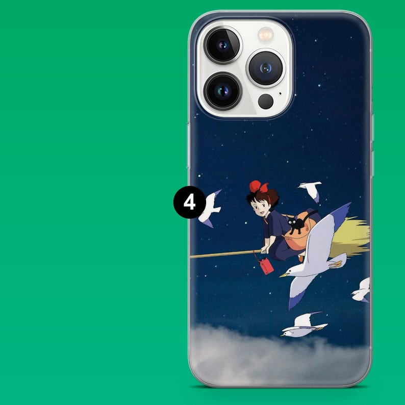 May include: A phone case featuring a cartoon illustration of a young girl riding a broom with a black cat, flying through a starry night sky. White seagulls are in flight. The case has a dark blue background.