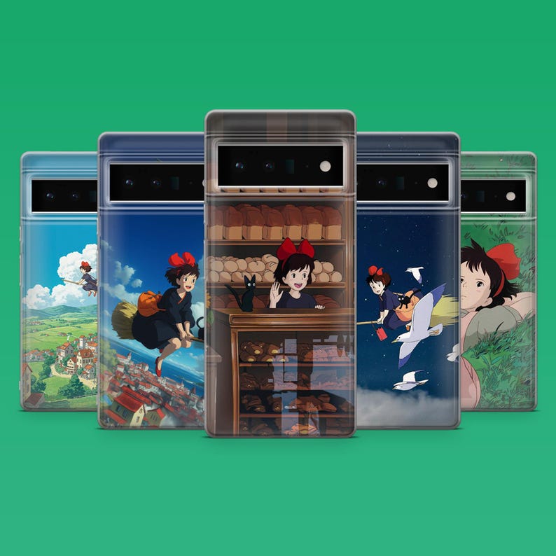 May include: A collection of phone cases featuring anime-style illustrations. The cases showcase scenes with a young girl with a red bow, a black cat, and various backgrounds, including a bakery and a night sky with a flying witch.