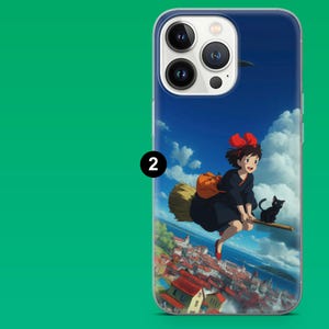 May include: A phone case featuring a vibrant illustration of a young girl with a red bow riding a broom with a black cat. The background shows a town with red-roofed buildings under a blue sky.