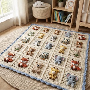 Può includere: Una coperta all'uncinetto color crema con una griglia di pannelli quadrati, ognuno decorato con una piccola figura di animale imbottito tridimensionale, tra cui volpi, orsi, elefanti, gufi, giraffe e conigli, con un bordo smerlato azzurro.