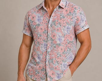 Camisa de manga corta con estampado floral y botones para hombre, estilo hawaiano ideal para vacaciones de verano en la playa.
