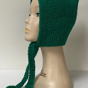 May include: A green knitted hat with a long pointed hood and two pom-poms on the ends of the ties.