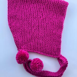 Handknit pixie bonnet for adult, cosy elf hood, pink cottagecore hat with pompoms