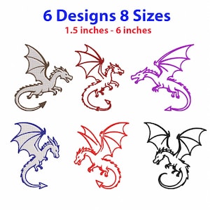 Könnte beinhalten: Sechs gestickte Drachenaufnäher in verschiedenen Farben wie Grau, Rot, Violett, Blau und Schwarz. Der Text oben lautet 6 Designs 8 Sizes und 1.5 inches - 6 inches. Jeder Drache ist in einer Flugpose mit weit ausgebreiteten Flügeln dargestellt.
