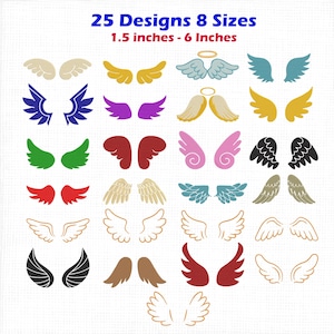 May include: A digital collection of 25 wing designs in 8 sizes ranging from 3.8 cm to 15.2 cm. The image displays various pairs of wings in colours including blue, yellow, purple, green, red, pink, black, white, and gold, featuring diverse shapes.
