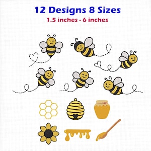Può includere: Una collezione di 12 disegni per ricamo a macchina con api, un alveare, un vasetto di miele, un favo, un girasole e un mestolo per miele. Il testo recita 12 Designs 8 Sizes e 1.5 inches - 6 inches. I disegni sono gialli, neri e bianchi.