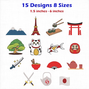 May include: A collection of 15 embroidery designs featuring Japanese-themed icons including Mount Fuji, a pagoda, sushi, a torii gate, a bonsai tree, a maneki-neko cat, a koi fish, a Daruma doll, a katana, ramen, a fan, a teapot, and a flag. Sizes 1.5 to 6 inches.
