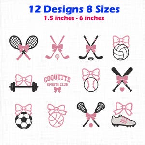 May include: A collection of 12 embroidery designs featuring sports equipment paired with pink bows, including tennis rackets, golf clubs, hockey sticks, volleyball, barbell, baseball, bats, soccer ball, basketball, lacrosse sticks, and a cleat, sized 1.5 to 6 inches.