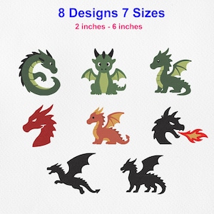 Peut inclure: Huit motifs de broderie numérique représentant des dragons dans diverses poses et couleurs, incluant des silhouettes vertes, rouges et noires. Le texte indique 8 Designs 7 Sizes et 2 inches - 6 inches. Les dragons ont des ailes et des queues.