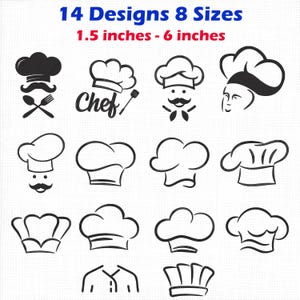 May include: A collection of 14 black chef hat designs in 8 sizes ranging from 1.5 inches to 6 inches. The graphic set includes various illustrations of chef hats, some paired with mustaches, utensils, or faces, and the word Chef in script.