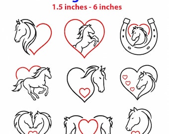Horse Heart Embroidery Design, Horse Embroidery File, Horse Line art Machine Embroidery Designs, Horse Lover Embroidery Bundle.