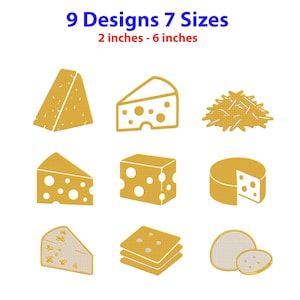 May include: Nine yellow embroidered cheese designs in 7 sizes ranging from 2 inches to 6 inches. The collection features various cheese types including wedges, blocks, shredded cheese, and round wheels, all displayed against a plain white background.