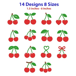 Könnte beinhalten: Eine Sammlung von 14 Kirschdesigns in 8 Größen von 3,8 cm bis 15,2 cm. Das Grafikset zeigt verschiedene rote Kirschpaare und -gruppen mit grünen Stielen und Blättern, darunter herzförmige Kirschen und ein Kirschpaar mit einer Schleife.